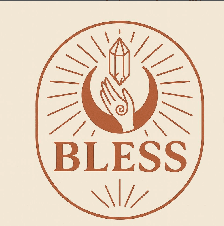 Logotipo da Bless: uma mão sob um cristal, dentro de uma lua crescente